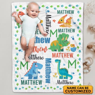 Personalized Name Baby Blanket Dinosaur - Custom Funny Cute Babysaurus Baby Name Fleece Soft Blanket