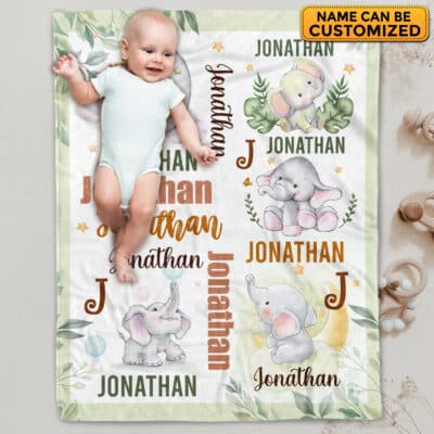 Personalized Name Baby Blanket Elephant - Custom Funny Cute Elephant Baby Name Fleece Soft Blanket