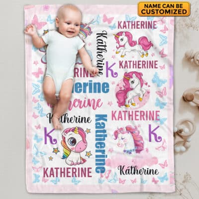 Personalized Name Baby Blanket Unicorn - Custom Funny Cute Unicorn Baby Girl Name Fleece Soft Blanket