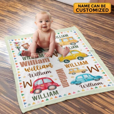 Alternative view of Personalized Name Car Baby Blanket - Custom Funny Cute Car Baby Boy Name Fleece Soft Blanket