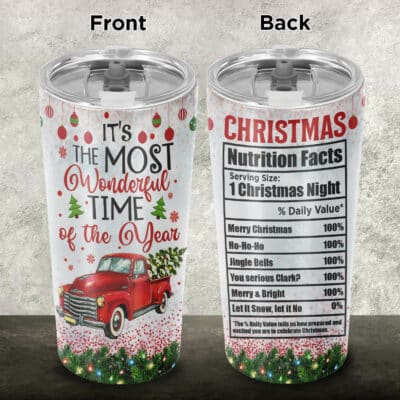 It's The Most Wonderful Time Of The Year Red Truck Christmas Insulated Tumbler Cup With Lid