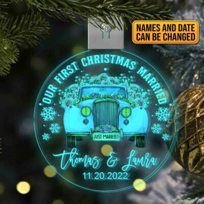 Our First Christmas Married Personalized Christmas LED Ornament - Just Married Custom Name Christmas Tree Ornament