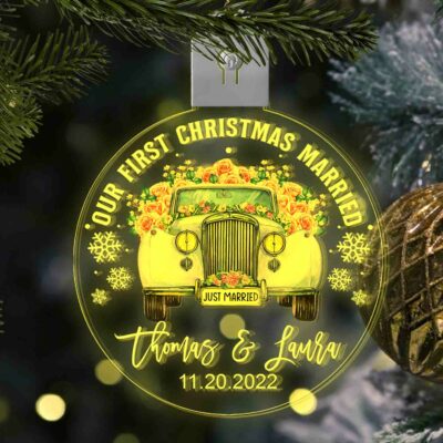 Alternative view of Our First Christmas Married Personalized Christmas LED Ornament - Just Married Custom Name Christmas Tree Ornament