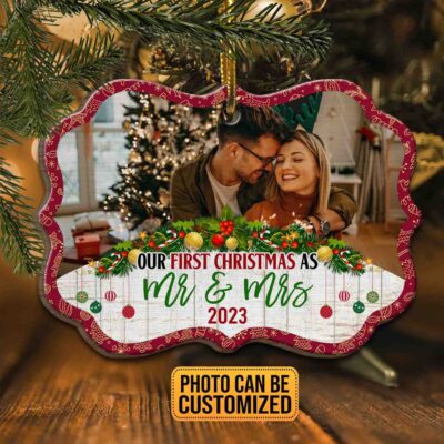 Personalized Photo Our First Christmas As Mr and Mrs 2023 Medallion Ornament Keepsake - First Christmas Married Gifts for Her Him