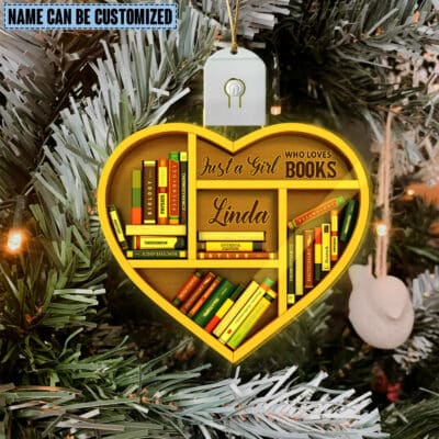Personalized Girl Loves Books LED Ornament - Custom Name Book Lovers Christmas Ornament