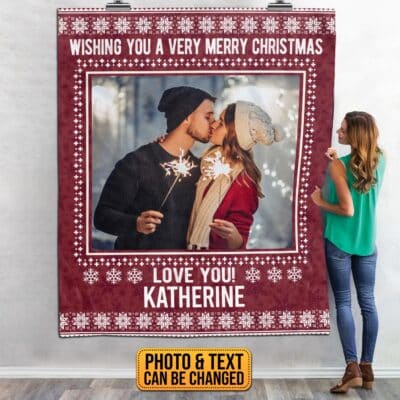 Alternative view of Personalized Photo Wishing You A Very Merry Christmas Fleece Blanket - Sherpa Blanket - Custom Christmas Blanket Gifts