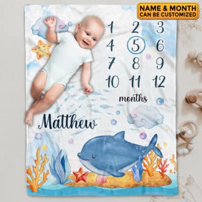 Personalized Dolphin Baby Monthly Milestone Blanket Newborn Boy Girl Unisex Neutral - Dolphin Blanket for Newborn