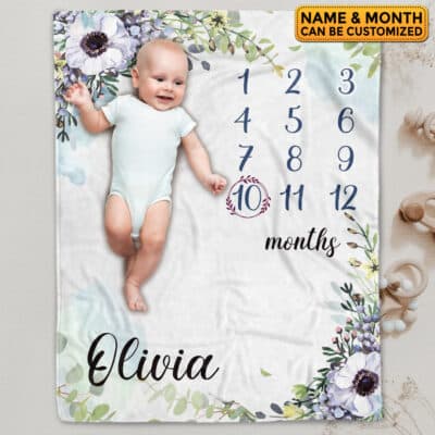 Personalized Flower Baby Monthly Milestone Blanket Newborn Girl Unisex Neutral - Princess Floral Blanket for Newborn