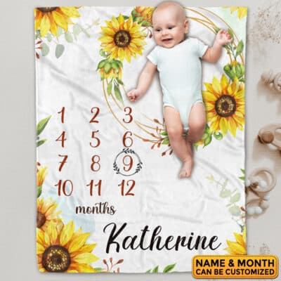 Personalized Floral Baby Monthly Milestone Blanket Newborn Girl Unisex Neutral - Flower Soft Fleece Blanket for Newborn