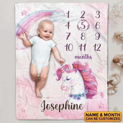 Personalized Unicorn Baby Monthly Milestone Blanket Newborn Boy Girl Unisex Neutral - Unicorn Fleece Blanket for Newborn