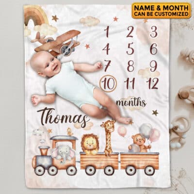 Personalized Train Baby Monthly Milestone Blanket Newborn Boy Unisex Neutral - Train Blanket for Newborn