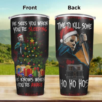 Michael Myers He Sees You When You're Sleeping He Knows When You're Awake Funny Christmas Insulated Tumbler Cup With Lid