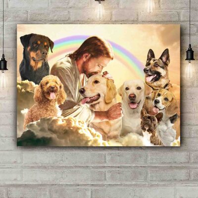 Jesus Christ Canvas Wall Art - God Surrounded By Dog Angels Gift For Dog Lover Poster Canvas Wall Art House Decor
