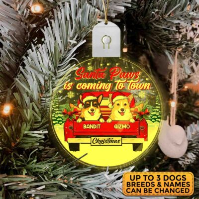Personalized Dog Breeds Santa Paws Is Coming To Town Red Truck Christmas Led Acrylic Ornament Keepsake