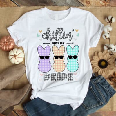 Chillin with My Peeps Happy Easter Black Checkered T-Shirt Women - Easter Cute Bunny Tee Shirt Gifts