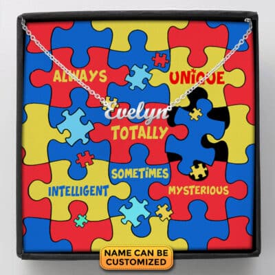 Personalized Name Necklace Autism Puzzle Cure Awareness Card - Custom Name Autism Necklace