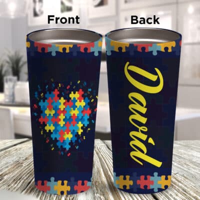 Personalized Love Heart Graphic Autism Insulated Tumbler Cup with Lid - Autism Awareness Travel Coffee Mugs Cup
