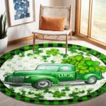 St Patricks Day Green Shamrock Leaf Car Truck Irish Mat Home Decor Rug - Irish Lucky Shamrocks Round Rug Floor Mat