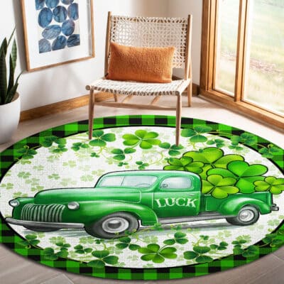 St Patricks Day Green Shamrock Leaf Car Truck Irish Mat Home Decor Rug - Irish Lucky Shamrocks Round Rug Floor Mat