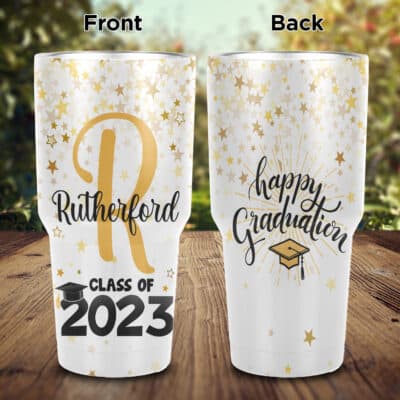 Personalized Class of 2023 Grad Present Inspirational High School College Masters Degree Monogram Insulated Tumbler Cup with Lid