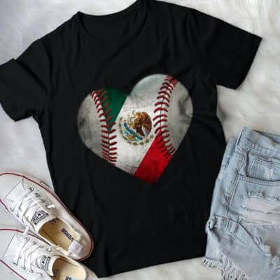 Heart Baseball Mexico Flag Funny T-Shirt - Mexican Baseball Flag Shirt
