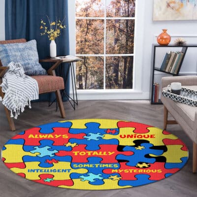 Alternative view of Autism Always Unique Totally Intelligent Sometimes Mysterious Round Rug Floor Mat - Autism Awareness Month Mat