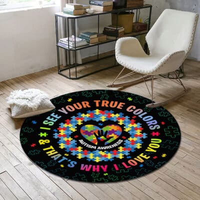 Alternative view of I See Your True Colors Puzzle World Autism Awareness Month Round Rug - Autism Awareness Floor Mat