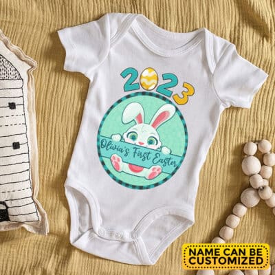 Personalized Baby Name First Easter 2023 Onesie - Custom First Easter Baby Jumpsuit – Short Sleeve