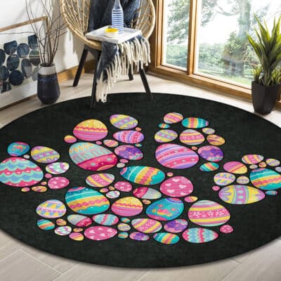 Easter Puppy Paws Dog Round Rug - Happy Easter Eggs Color Indoor Floor Mat - Easter Gifts