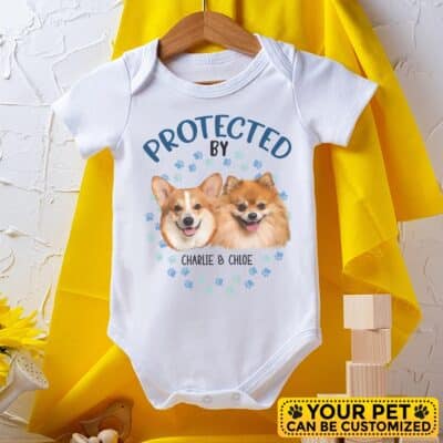 Personalized Portrait Drawing Protected By Dog Baby Onesie - Baby Shower Gift, Protected By Pets Baby Bodysuit, Newborn Baby Gift