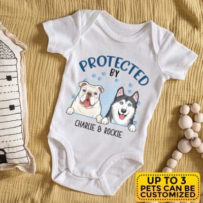 Personalized Protected By Dog Infant Baby Bodysuit - Newborn Dog Lover Baby Gift