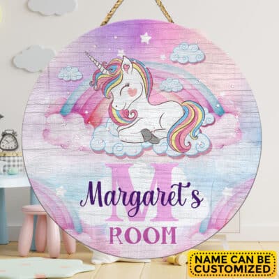 Personalized Mono Name Unicorn Face Door Sign - Custom Unicorn Baby Bedroom Nursery Wall Wooden Sign Decor