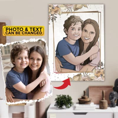 Personalized Portrait from Photo Mom Son Daughter Framed Canvas Poster - Custom Drawing Family Mothers Day Gift