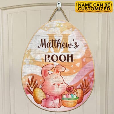 Personalized Name Easter Bunny Egg Shape Door Sign - Custom Bunny Baby Bedroom Nursery Wall Wooden Sign Decor
