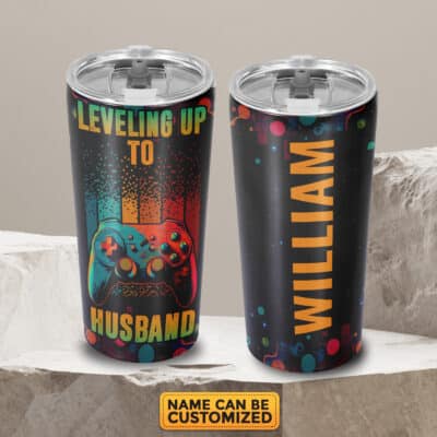 Personalized Name Leveling Up To Husband Newly-wed Groom Gift Video Game Lovers Insulated Tumbler Cup with Lid