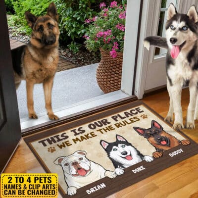 Alternative view of This Is Our Place We Make The Rules Funny Personalized Dogs Doormat, Dog Welcome Doormat