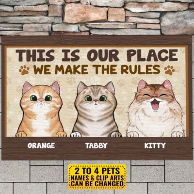 This Is Our Place We Make The Rules Funny Personalized Cats Doormat, Cats Welcome Doormat