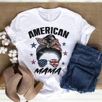 USA American Mama Messy Bun Country Mama T-Shirt - 4th of July Sweatshirt