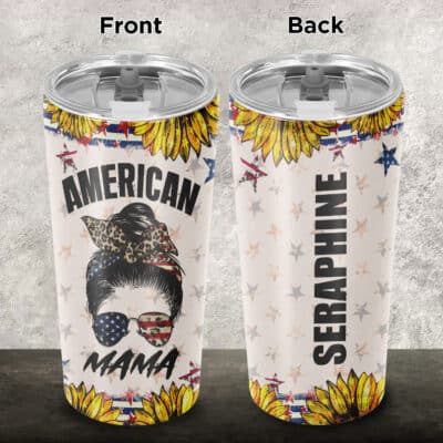 Personalized Name USA American Mama Messy Bun Country Mama Insulated Tumbler Cup with Lid - 4th of July Mug