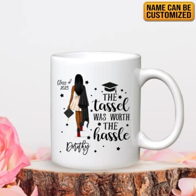 Personalized Black The Tassel Was Worth The Hassle Girl Ceramic Coffee Mug - Custom Class Of 2023 2024 Graduation Mug