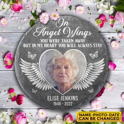 On Angel Wings In My Heart You Will Always Stay Personalized Memorial Garden Stone Plaque Decor - Memorial Gifts for Loss of Family