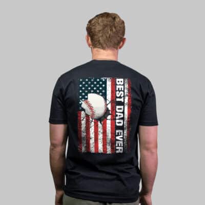 Alternative view of Father's Day Best Dad Ever with Us American Flag Baseball Funny Print on Back T-Shirt