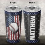Baseball American Flag Personalized Insulated Tumbler Cup with Lid - Gift for Baseball Dad Son