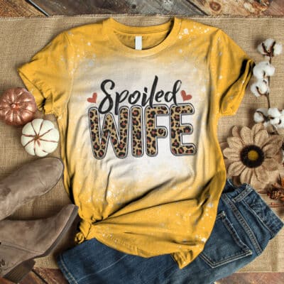 Spoiled Wife Leopard Bleached Shirt - Women Wife Graphic Funny Shirt Wifey Shirt Bride Married Shirts Honeymoon Vacation Tee