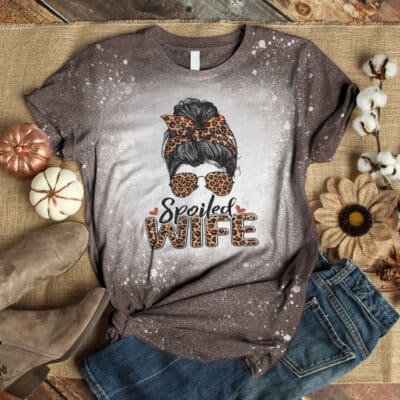 Alternative view of Spoiled Wife Messy Bun Bleached Shirt - Women Wife Graphic Funny Shirt Wifey Shirt Bride Married Shirts Honeymoon Tee
