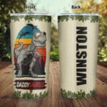 Personalized Daddy Saurus Vintage T-Rex Insulated Tumbler Cup with Lid and Straw Double Wall Vacuum Thermos Insulated Travel Mug