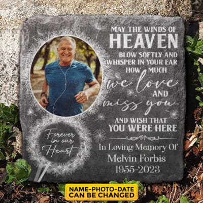 Alternative view of Personalized Photo May The Winds of Heaven We Love Miss You Memorial Garden Stone Plaque - Memorial Gifts for Loss of Family