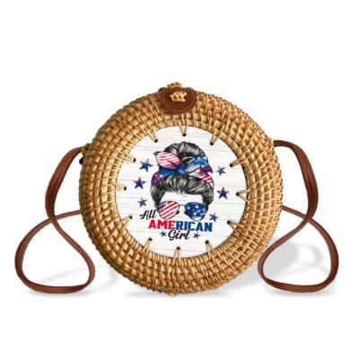 All American-Girl 4th Of July Shirt Women Messy Bun USA Flag Rattan Bag For Women, Boho Bag