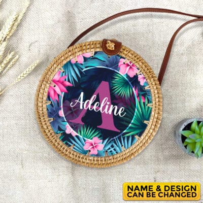 Personalized Monogram Name Style Summer Hawaiian Tropical Rattan Bag For Women, Boho Summer Bag