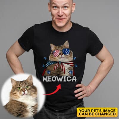 Personalized Cat Drawing Portrait Patriotic Cat Meowica 4th of July Funny Kitten Lover T-Shirt - Hoodie